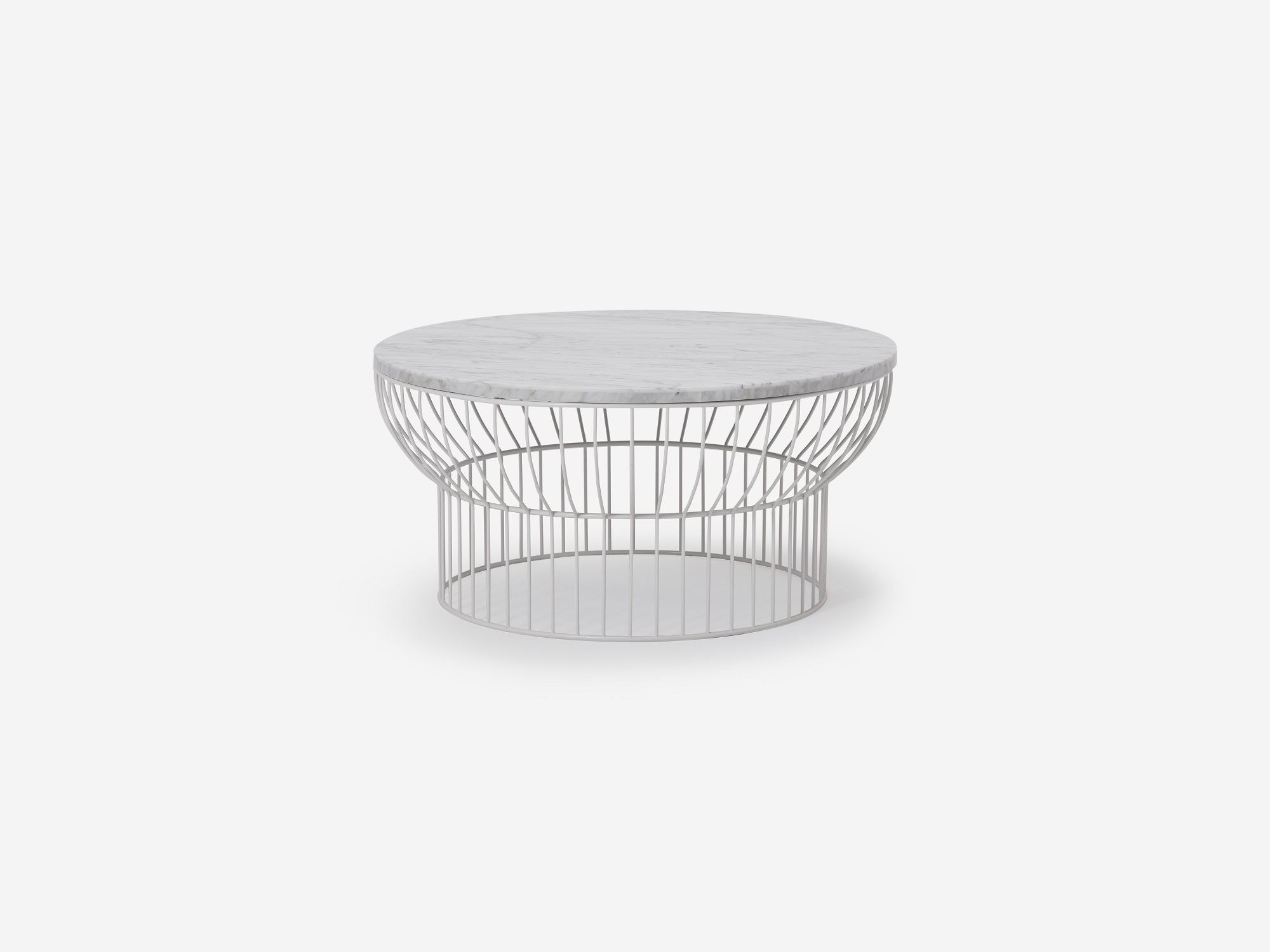 Round white wire coffee table with marble top front view